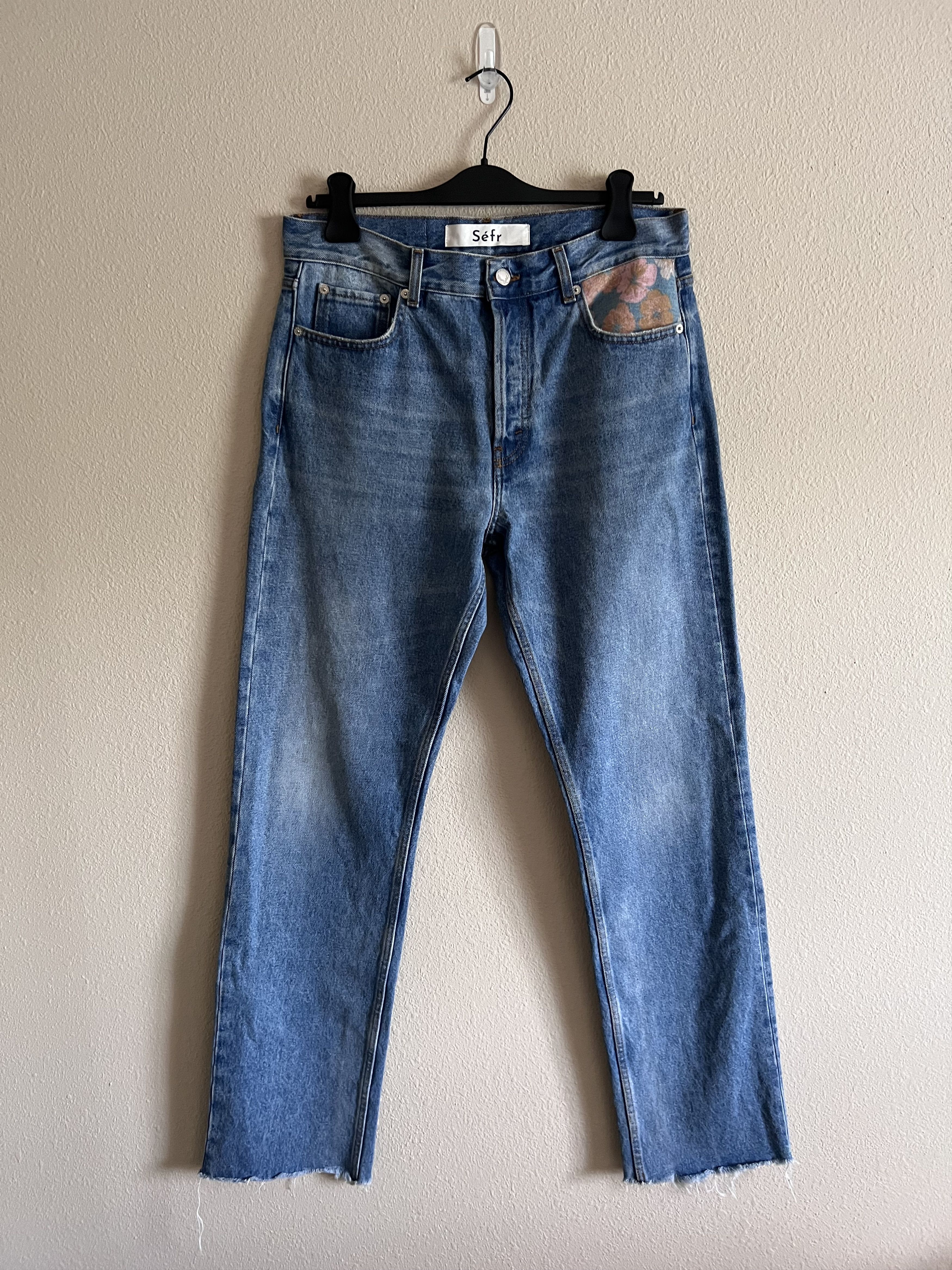 image of Sefr Straight Cut Flower Denim Jeans in Blue, Men's (Size 32)