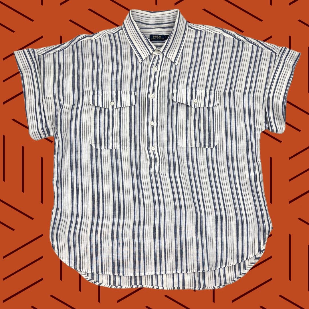 Polo Ralph Lauren VINTAGE Polo Ralph Lauren Blouse Womens L Oversized Popover Linen Blue White Beachy Prep Size L / US 10 / IT 46 - 1 Thumbnail