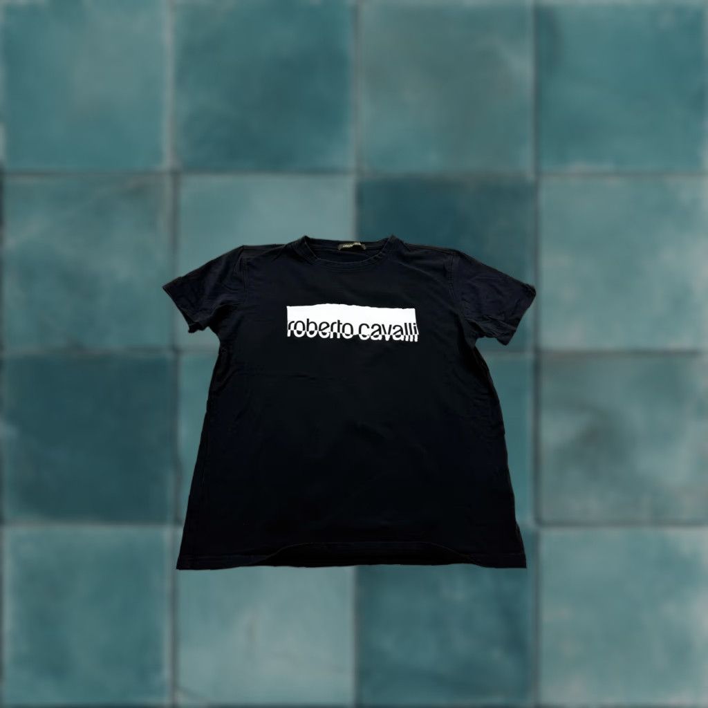 Roberto Cavalli Shirt Mens Medium Black Crew Neck Logo Tee 100% Cotton Basic