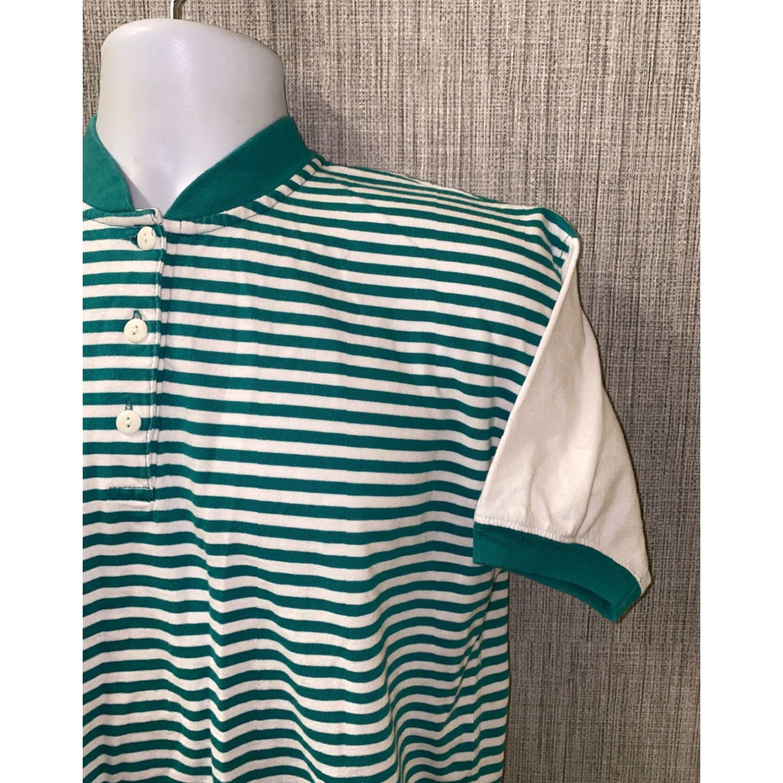 Vintage VINTAGE On Your Mark Men T-Shirt Short Sleeve Henley Cotton Green/White Striped Hip Hop Size L Size US L / EU 52-54 / 3 - 2 Thumbnail