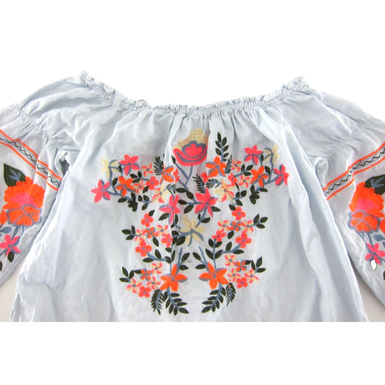 Free People Free People Blouse Shirt S Womens Off Shoulder Blue Floral Cotton Embroidered Pockets 3/4 Sleeve Bohemian 90s Style Size S / US 4 / IT 40 - 4 Thumbnail