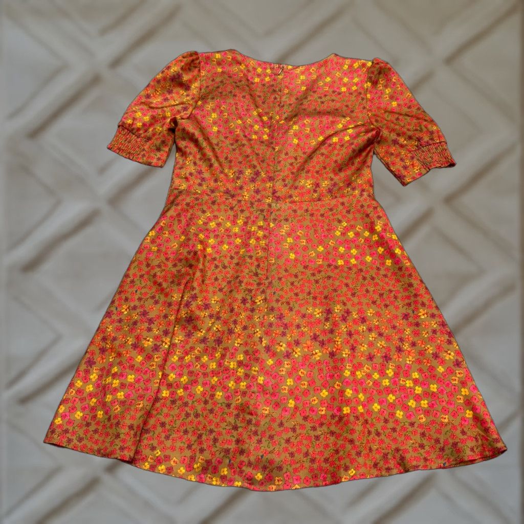 Vintage Honey Punch Dress Womens Large A-Line Mini Floral Rust Brown Puff Short Sleeve Size 36" / US 14 / IT 50 - 1 Thumbnail