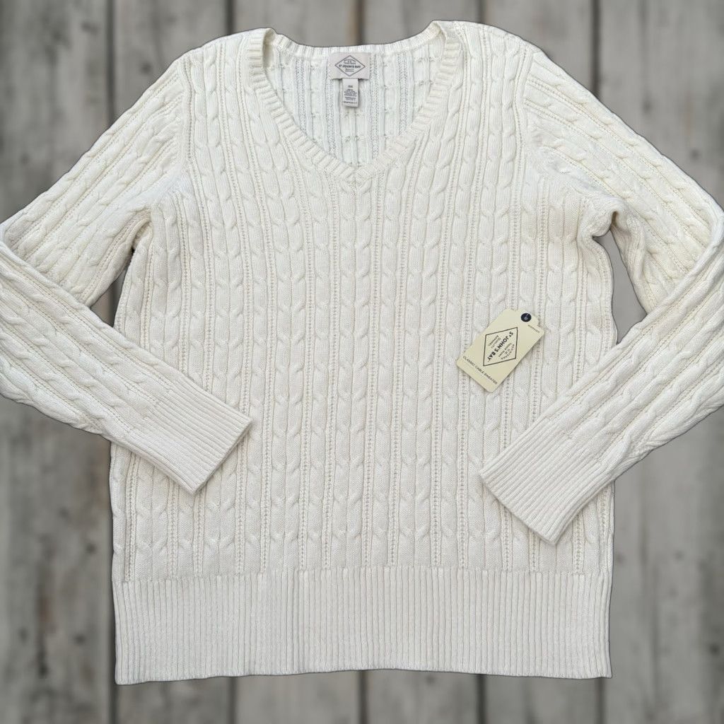 Vintage St. John's Bay Cable Knit V-Neck Sweater 0X Womens Plus Ivory Cotton Nylon NEW Cardigan Size XL / US 12-14 / IT 48-50 - 1 Thumbnail
