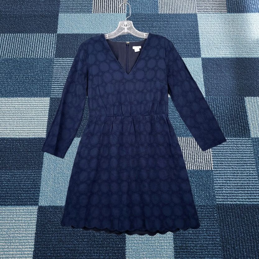 J.Crew J.CREW Dress Womens 4 Navy Blue V-Neck Lace Eyelet Knee Length Scalloped Hem Size S / US 4 / IT 40 - 1 Thumbnail