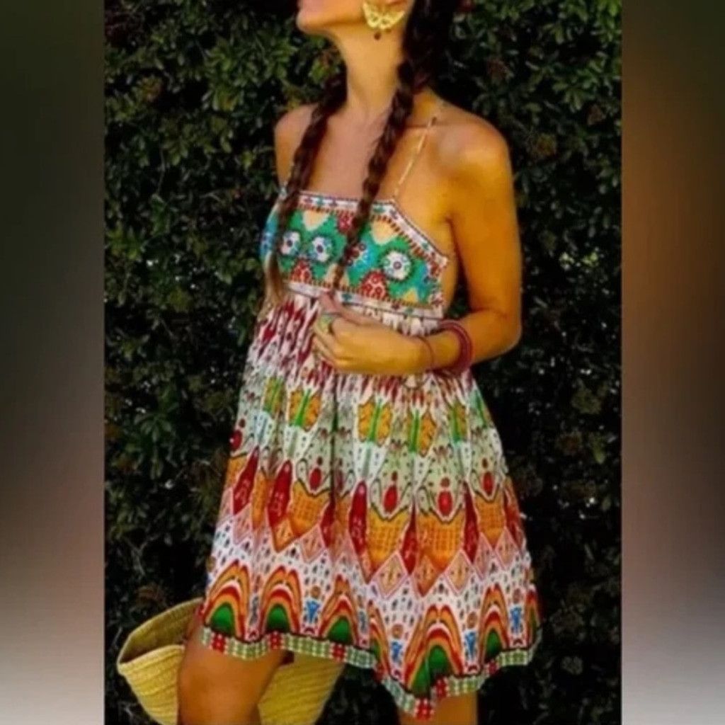 Zara ZARA Chiffon Printed Strappy Embroidered Dress Open Back XS Size XS / US 0-2 / IT 36-38 - 2 Thumbnail
