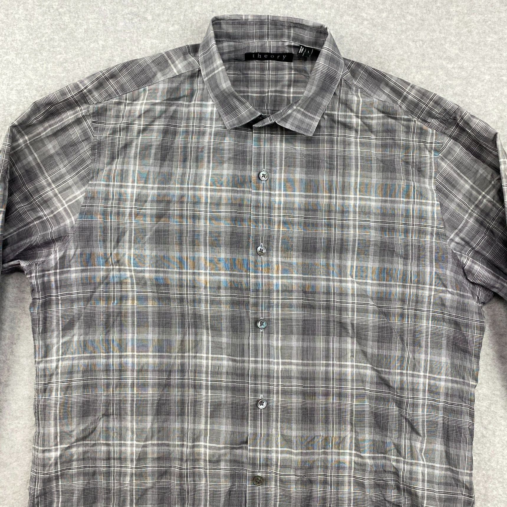 Theory VINTAGE? No. Theory Button-Up Shirt Mens L Gray Plaid Cotton Blend Mother of Pearl Buttons Long Sleeve Regular Fit Size US L / EU 52-54 / 3 - 2 Thumbnail