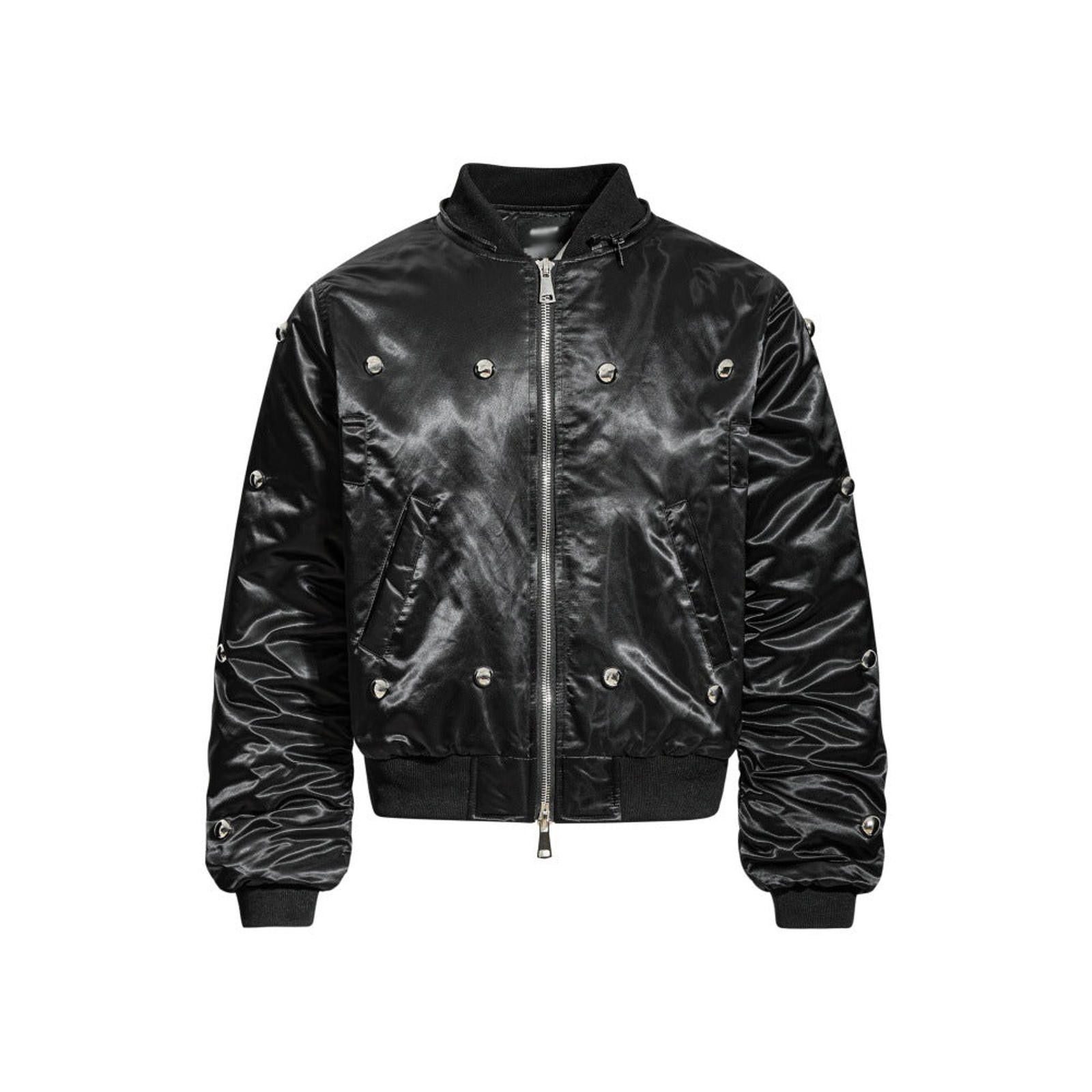 Japanese Brand Black Satin Bomber Jacket with Fur Collar and Studs Size US M / EU 48-50 / 2 - 2 Thumbnail