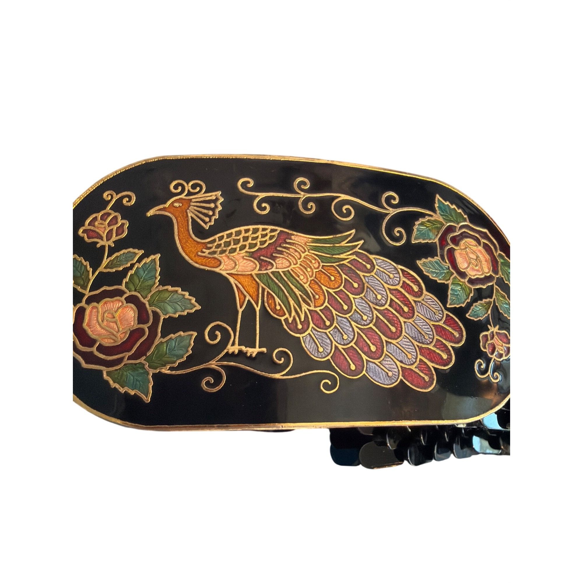 Other Vintage 80s Black Scaled Elastic Belt Cloisonne Peacock Buck Size ONE SIZE - 4 Thumbnail