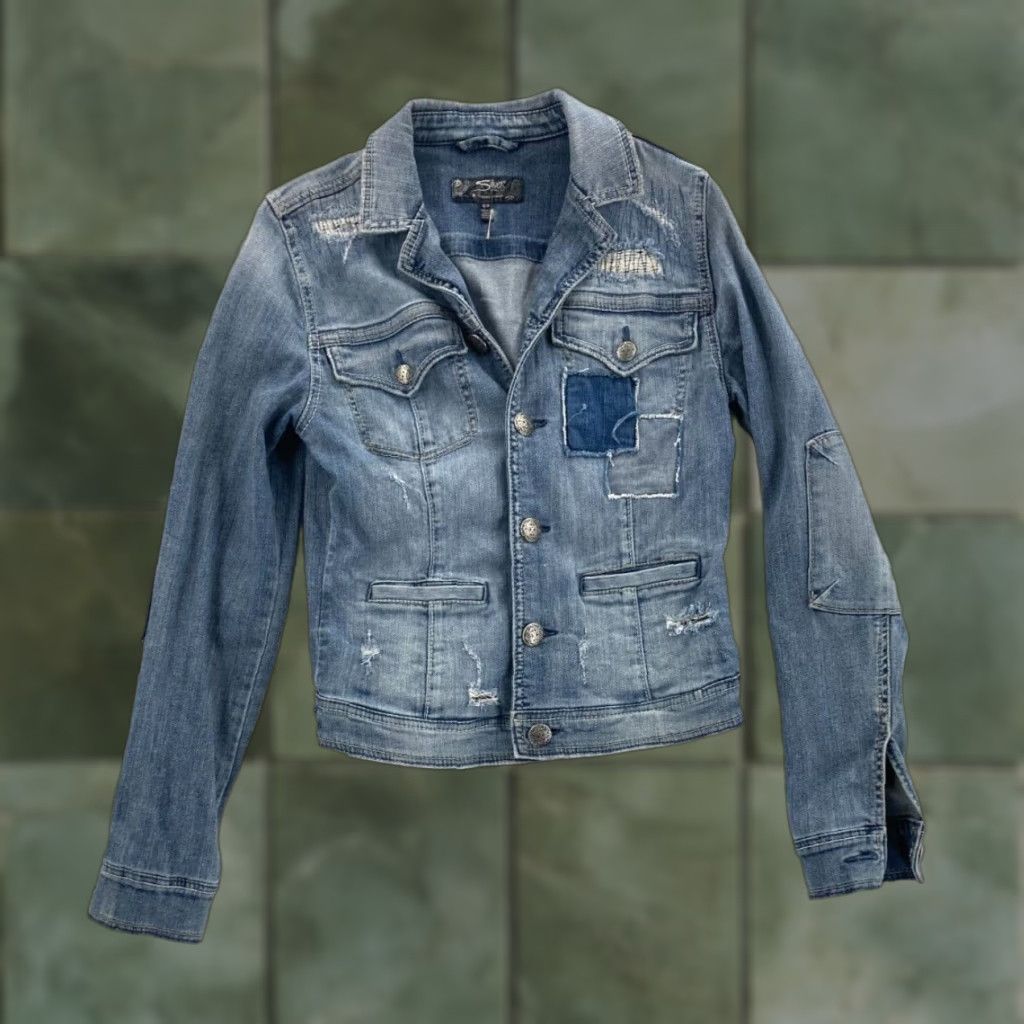 Denime VINTAGE Silver Jeans Denim Jacket Womens Small Blue Stretch Patchwork Trucker Size 28" / US 6 / IT 42 - 1 Thumbnail