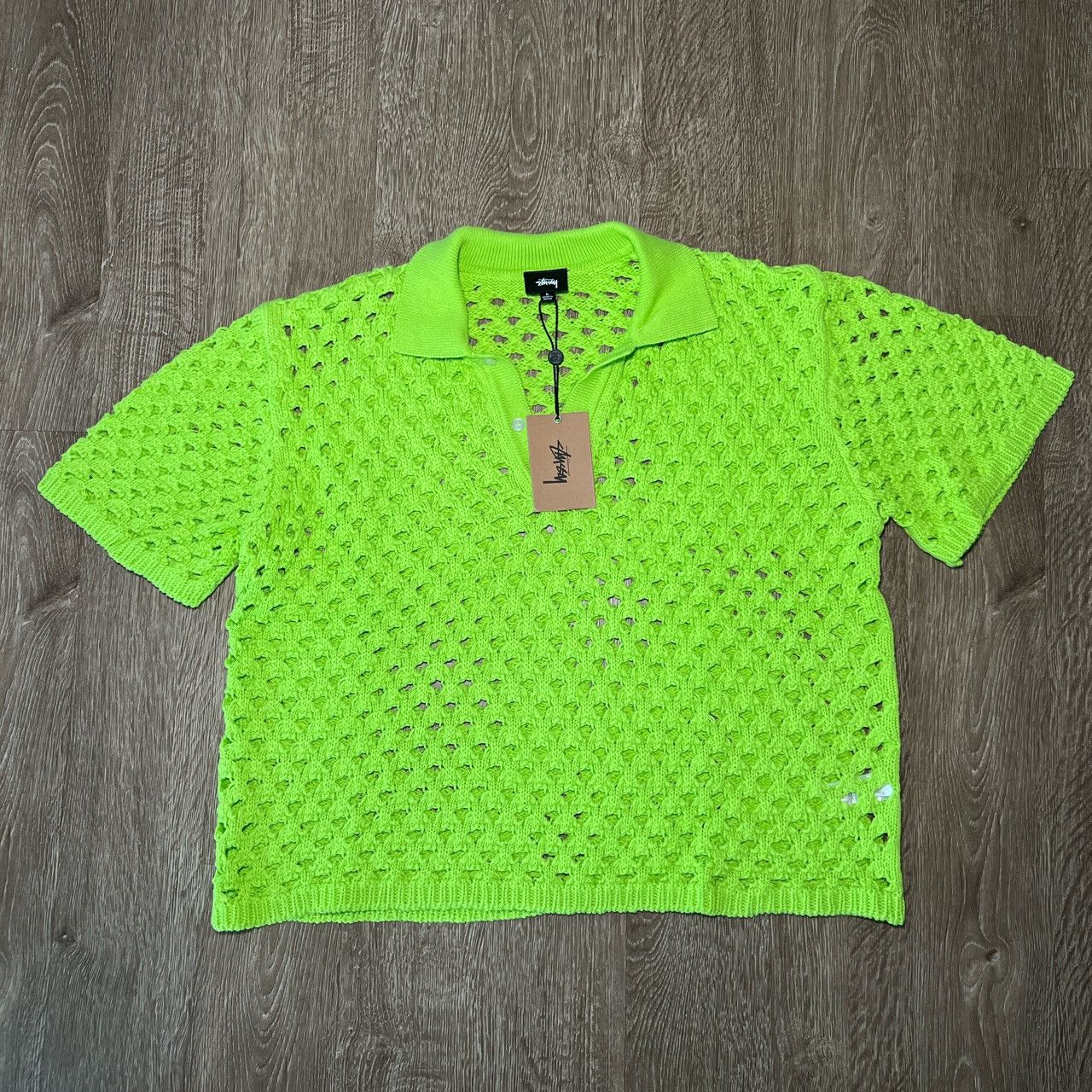 image of Stussy Big Mesh Polo Sweater Lime in Green, Men's (Size Large)