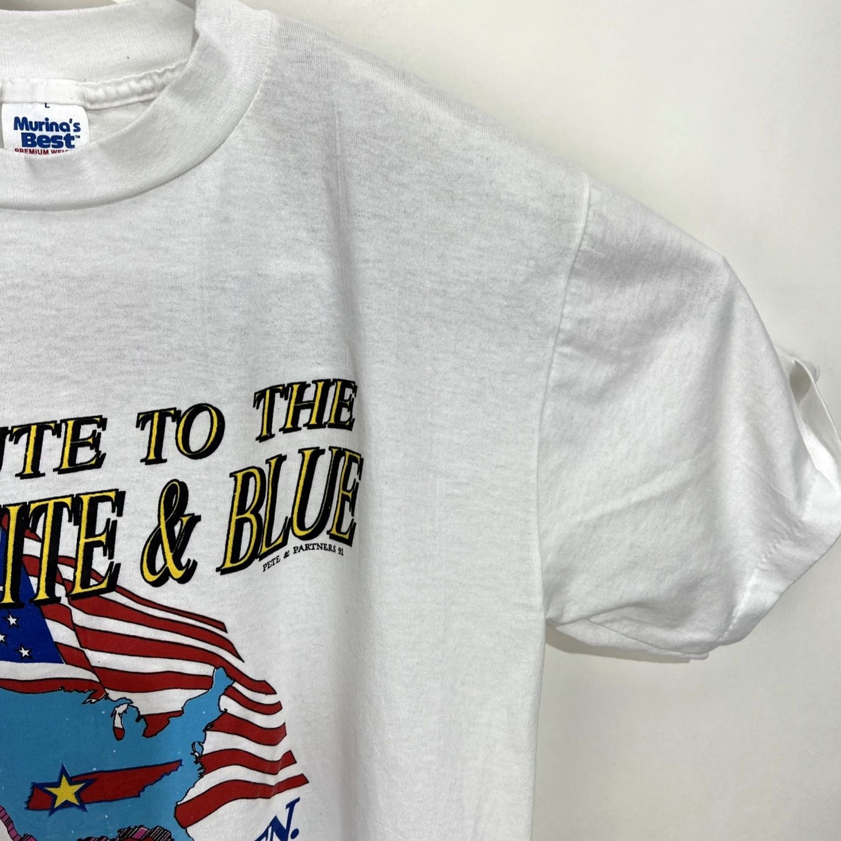 Vintage VINTAGE Murina T-Shirt USA 90s White Short Sleeve Crew Neck Large L Men's Graphic Print Single Stitch Signature Logo Front/Back Blue Size US L / EU 52-54 / 3 - 6 Thumbnail