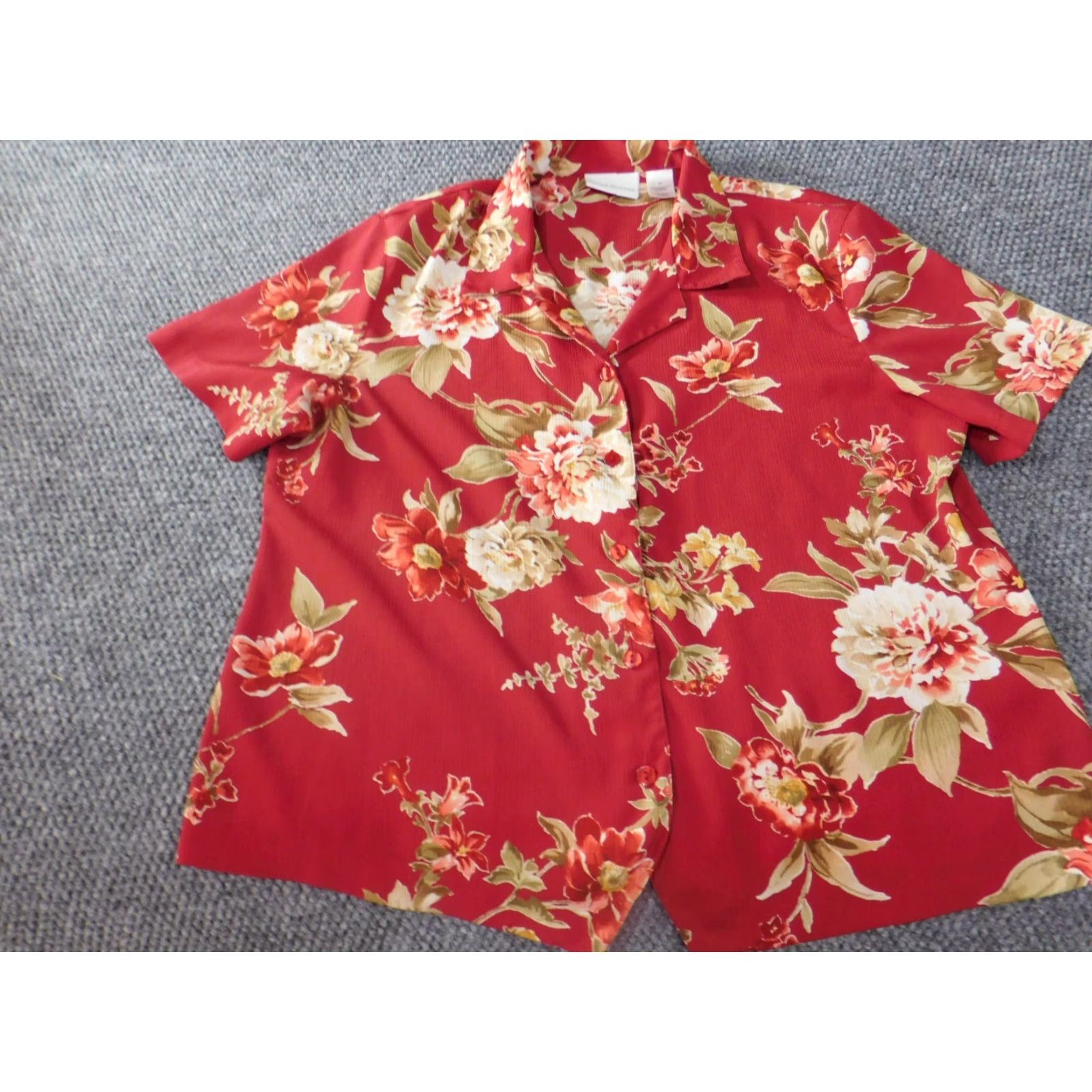 Vintage Alfred Dunner Womens Button-Up Blouse 14 Red Floral Collared Short Sleeve Casual Size XL / US 12-14 / IT 48-50 - 2 Thumbnail