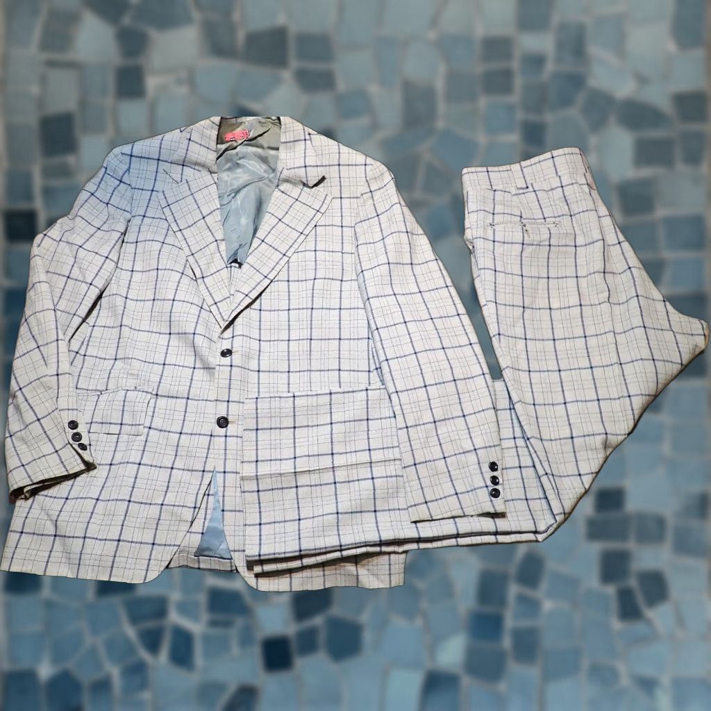 VINTAGE Groshire Gray Blue Plaid Suit Sport Coat 42 Flared pants 36x30
