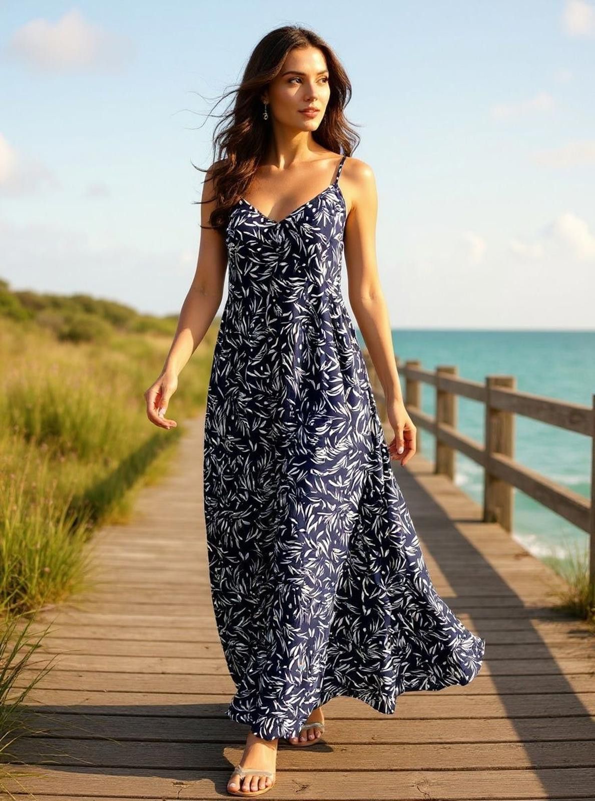 Unknown London Hemish USA Navy Blue and White Leaf Print Maxi Dress Size L / US 10 / IT 46 - 1 Thumbnail