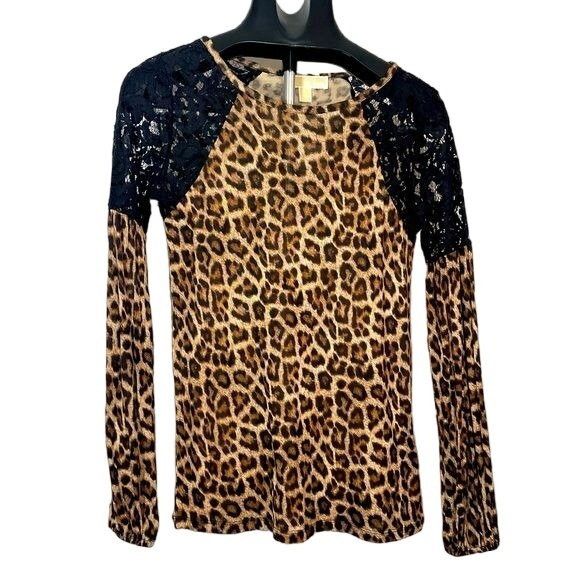 Michael Kors 𝅺Michael Kors Leopard Animal Print Top Lace Shoulders Women Size XS / US 0-2 / IT 36-38 - 1 Thumbnail