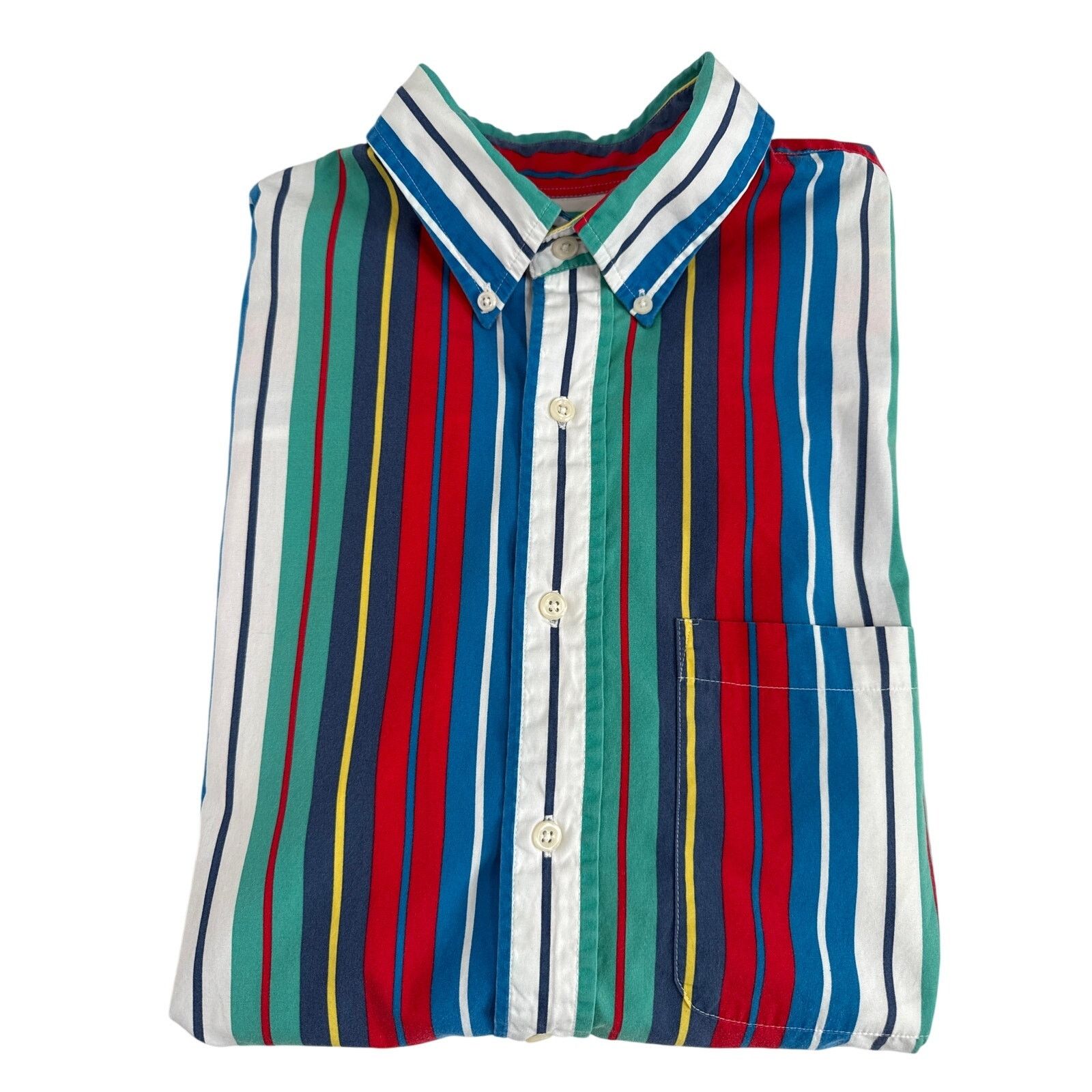 Vtg Sears Striped Cotton Short Sleeve Shirt 80s 90s Retro L