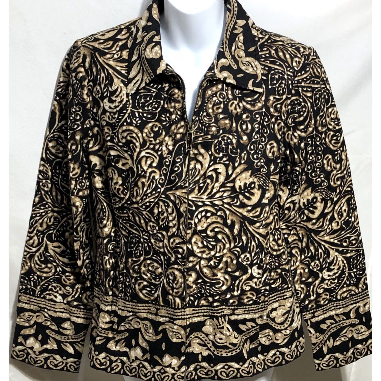 Vintage RQT Linen Jacket Size 10 Blk Gold Geo Zipper Front Long Sleeve Lined Collar Womens Jacket Geometric Boho Casual Travel Workwear Size L / US 10 / IT 46 - 6 Thumbnail