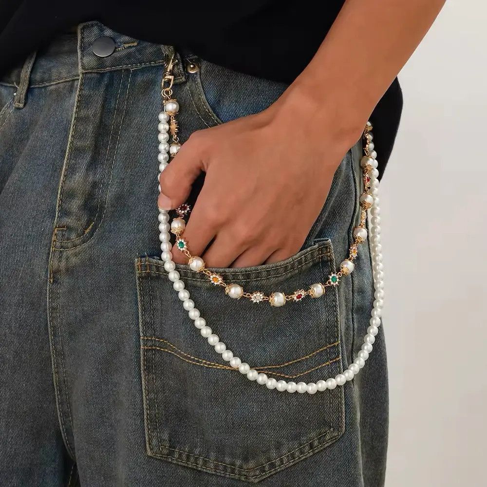 Jewelry Imitation Pearl Rhinestone Flower Jeans Chain Waist Chain Size ONE SIZE - 1 Thumbnail