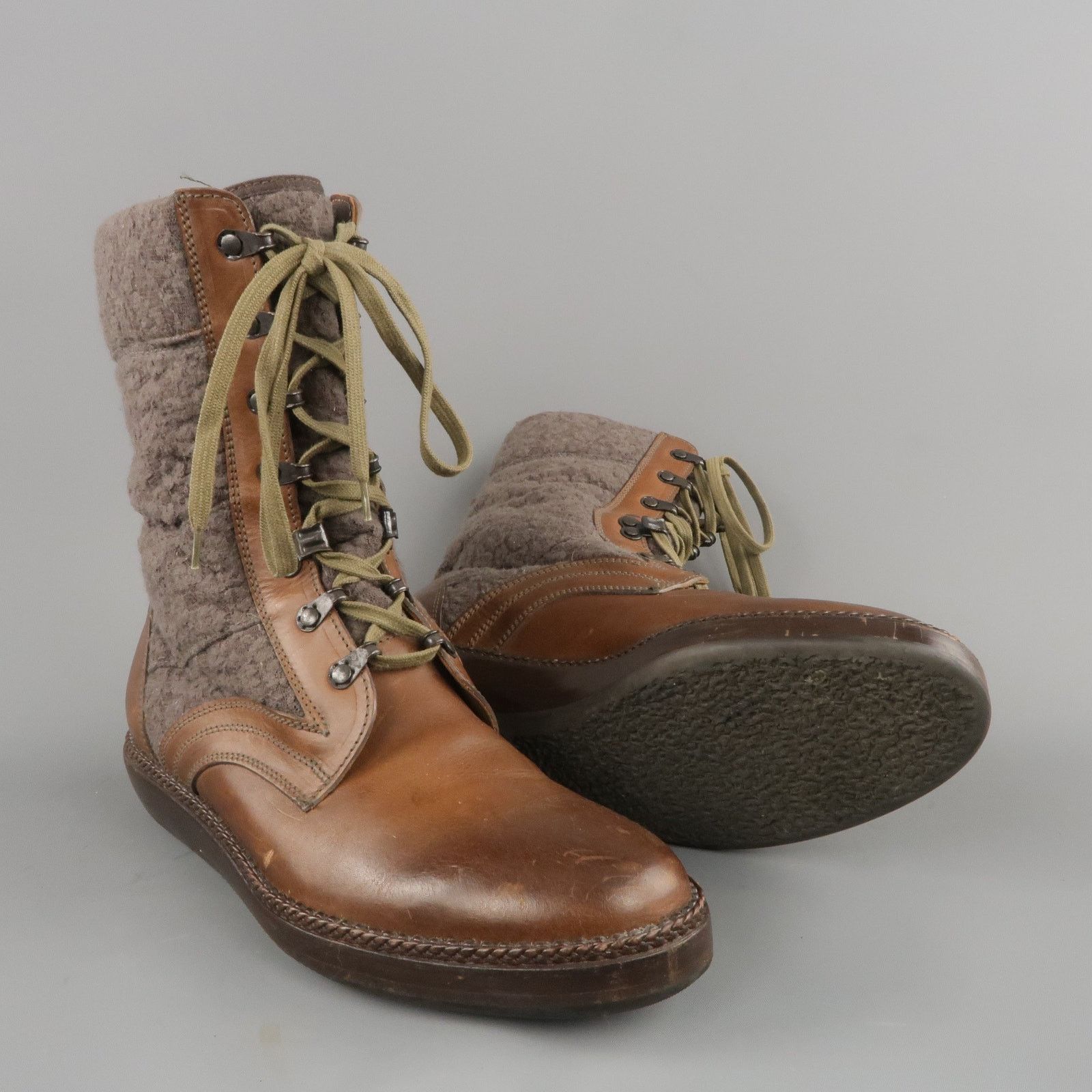 Lanvin Size 7 Brown Leather & Textured Lace Mid Calf Combat Boots Size US 7 / EU 40 - 3 Thumbnail