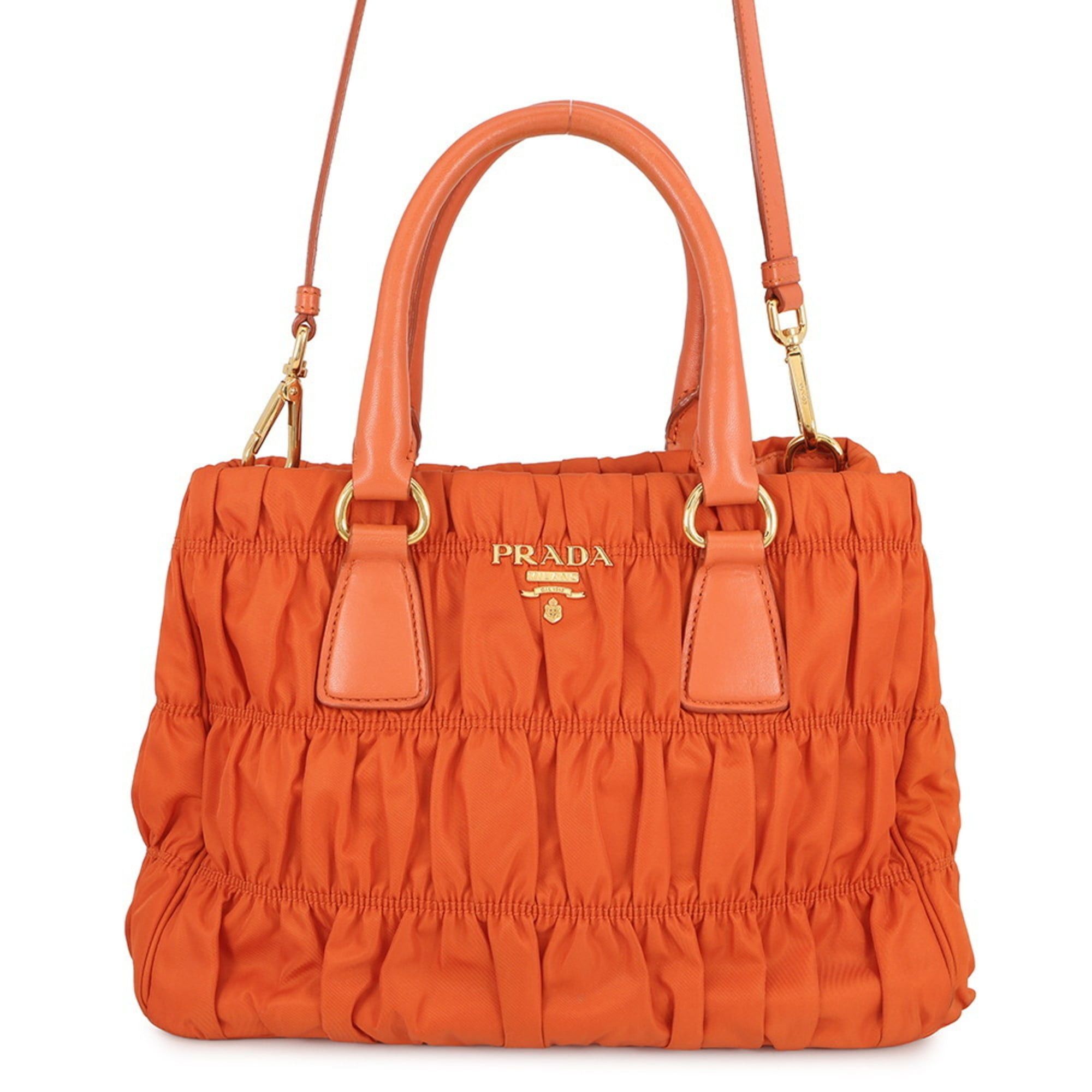 Prada Handbag, Gathered Nylon And Leather, Bn2393, Prada 2-Way in Orange, Women's