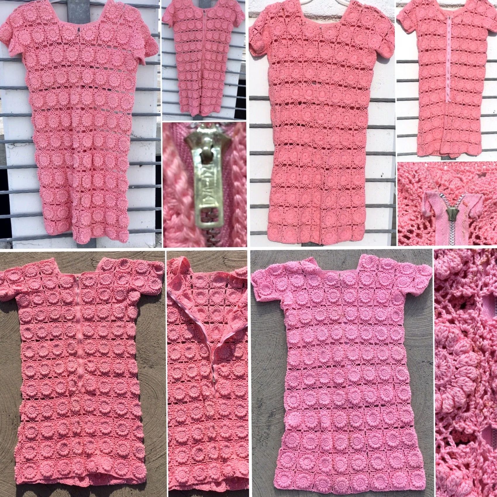 Pinko VINTAGE Pink Crochet Dress Floral Granny Square Boho 60s 70s Style Mini Women Size M / US 6-8 / IT 42-44 - 5 Thumbnail