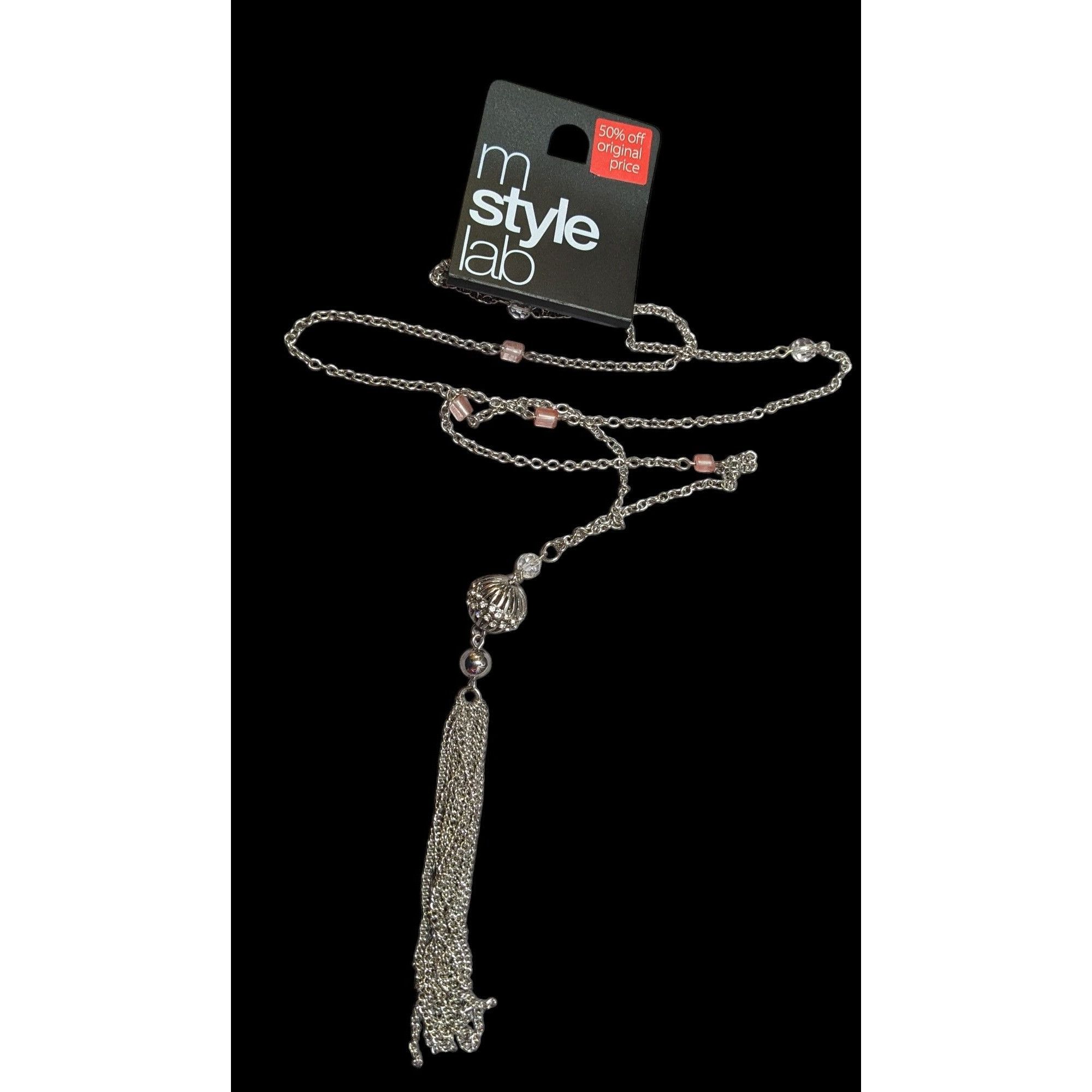 Macys Macy's Style Lab Silver Tone Pink Beaded Tassel Necklace Size ONE SIZE - 1 Thumbnail
