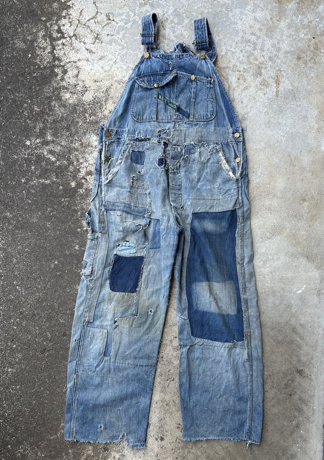 Vintage 50s Trashed Union Selvedge Key Denim patchwork farmer bib Size US 37 - 1 Thumbnail
