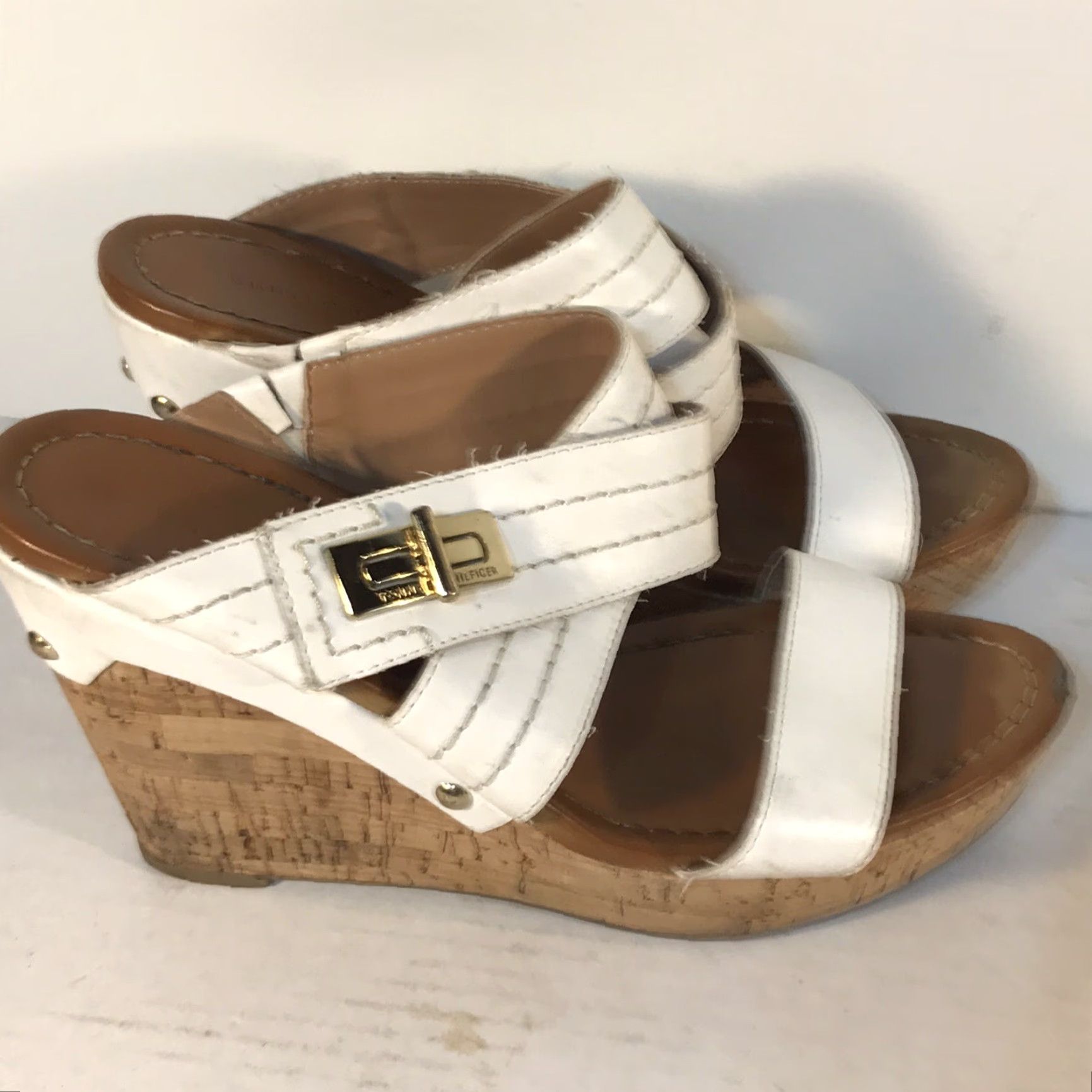 Tommy Hilfiger Tommy Hilfiger White Faux Leather Wedge Heels Womens Size 8 Open Toe 3in High Heel Casual Workwear Size US 8 / IT 38 - 2 Thumbnail