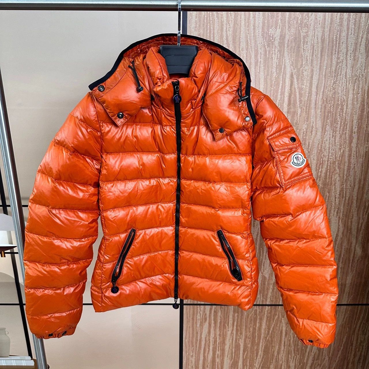 moncler orange shiny down jacket 0 size