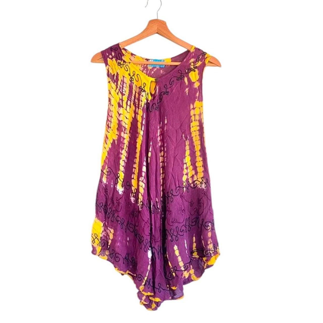 Vintage BOHEMIAN TIE DYE SUNFLOWER GOLD BURGUNDY DRESS MINI FLOWY Size ONE SIZE - 1 Thumbnail