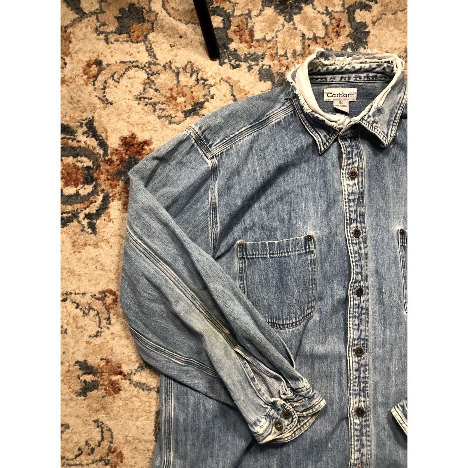Carhartt VINTAGE Carhartt Shirt Mens XL Blue Denim Button Front Long Sleeve Workwear Distressed Size US XL / EU 56 / 4 - 3 Thumbnail