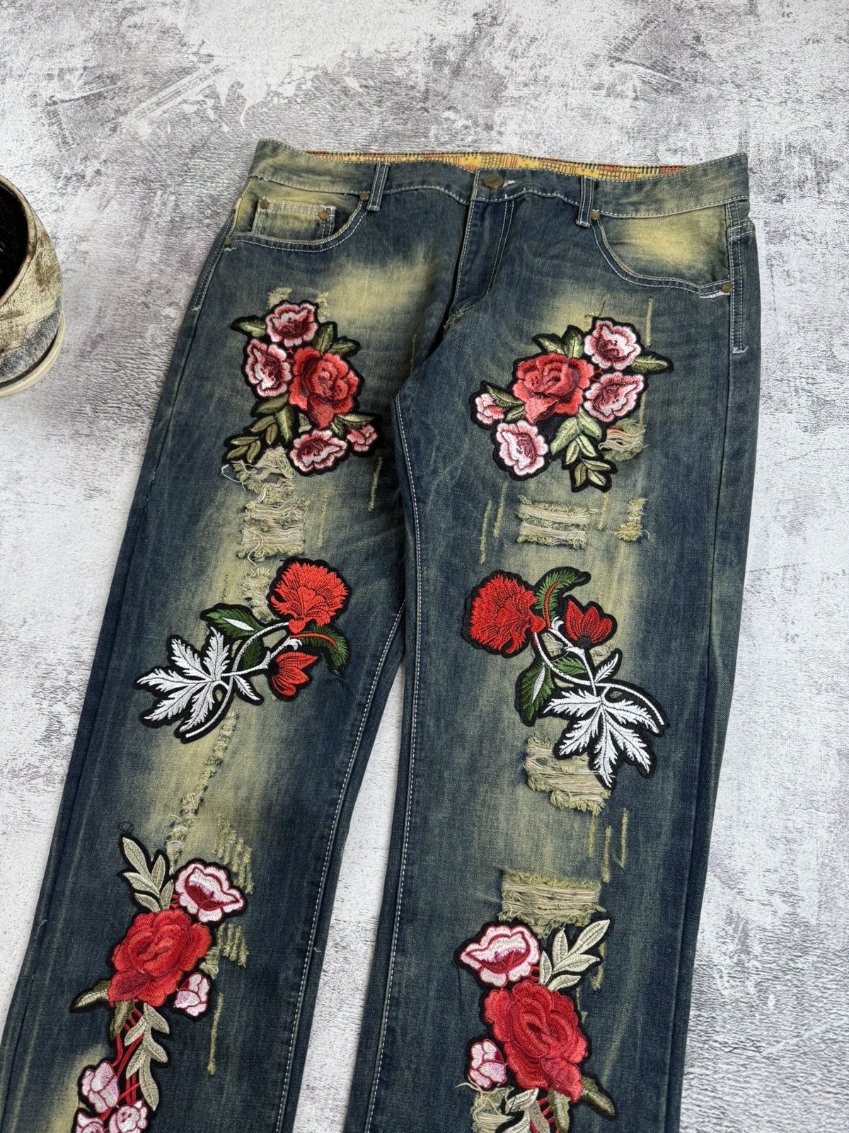 Japanese Brand Rose Embroidered Faded Skate Relaxed Jeans Pants Trousers Size US 38 / EU 54 - 8 Thumbnail