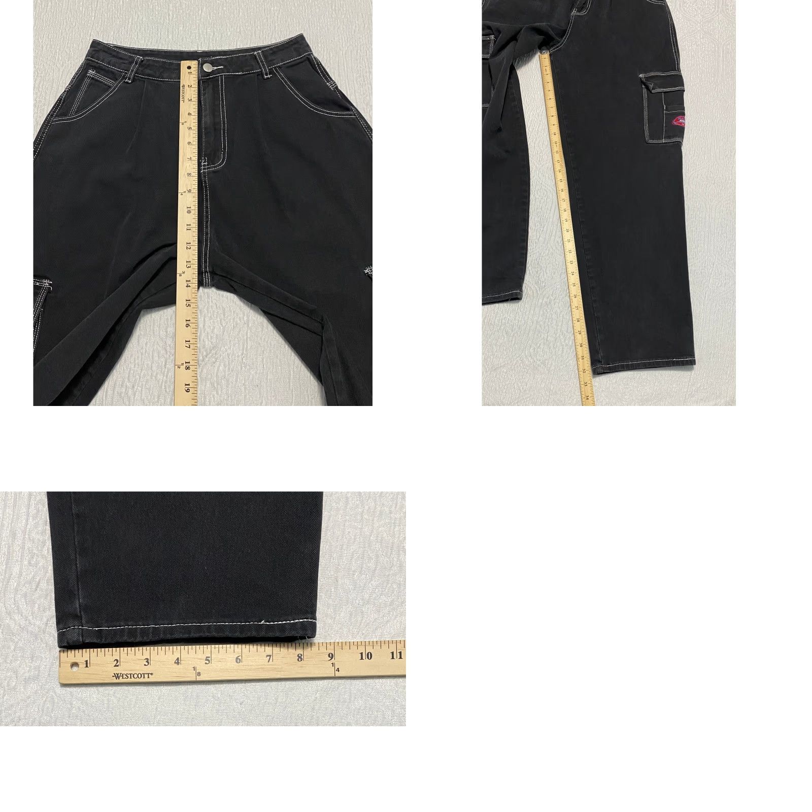 Shein SHEIN Cargo Pants Womens L Black Twill Cotton Blend Contrast Stitching Pockets Streetwear Y2K Casual Baggy Straight Front Logo Strap Size 36" / US 14 / IT 50 - 8 Thumbnail
