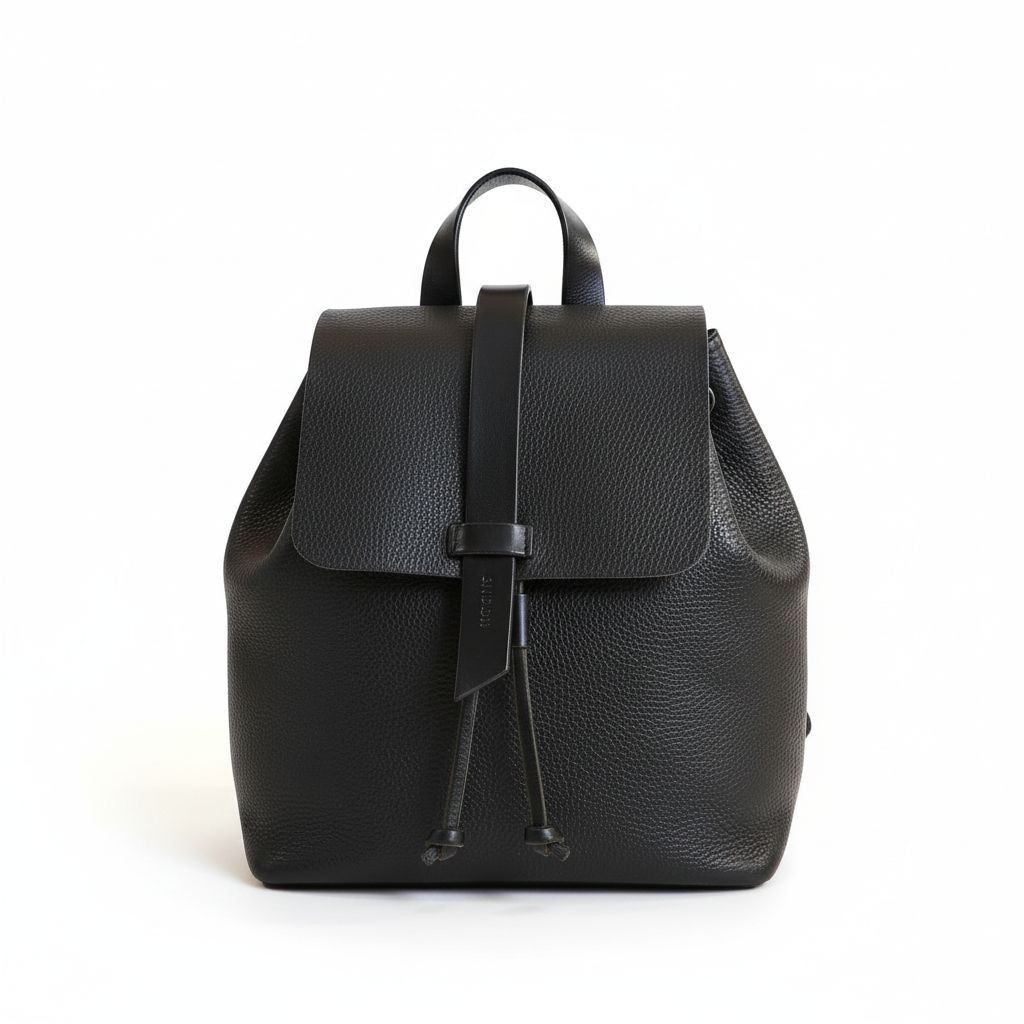 Sandori Black Leather Drawstring Backpack, Women's