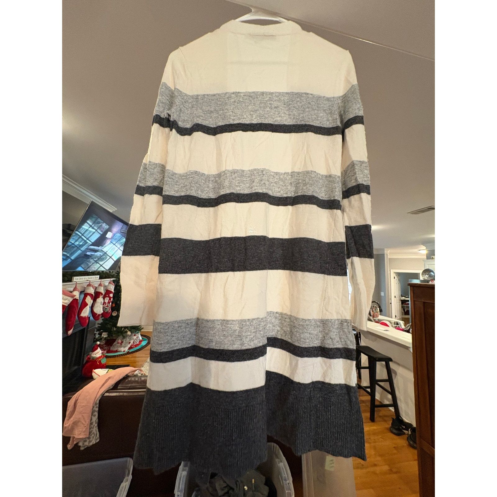Loft LOFT XS Long Open Front Cardigan Cream Gray Striped Size XS / US 0-2 / IT 36-38 - 2 Thumbnail