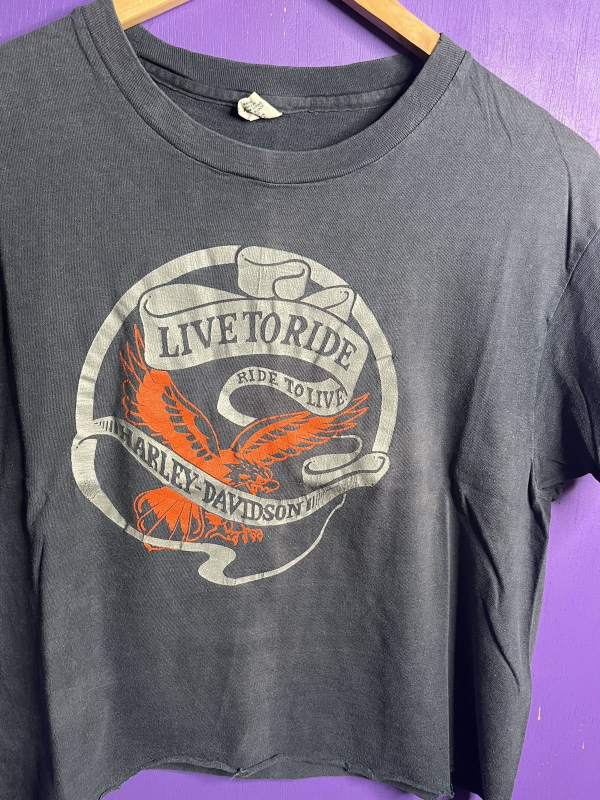 Harley Davidson × Vintage Vintage 70s Harley Davidson live to ride cropped tee Size L / US 10 / IT 46 - 3 Thumbnail