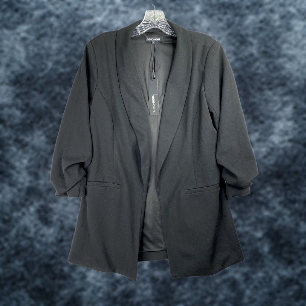 Fashion Nova Fashion Nova Blazer Shirt Womens S Black Open Front Stretch 90s Ruched Sleeve Knit Jacket Size S / US 4 / IT 40 - 1 Thumbnail