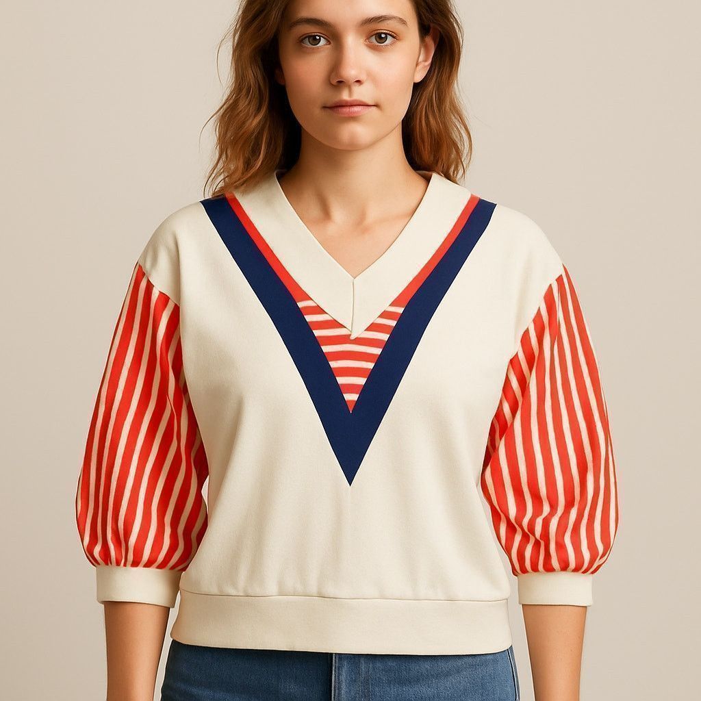 Other Vintage 80s Tops’n Tops Miami Red Stripe V-Neck Blouse 12 Size XL / US 12-14 / IT 48-50 - 1 Thumbnail