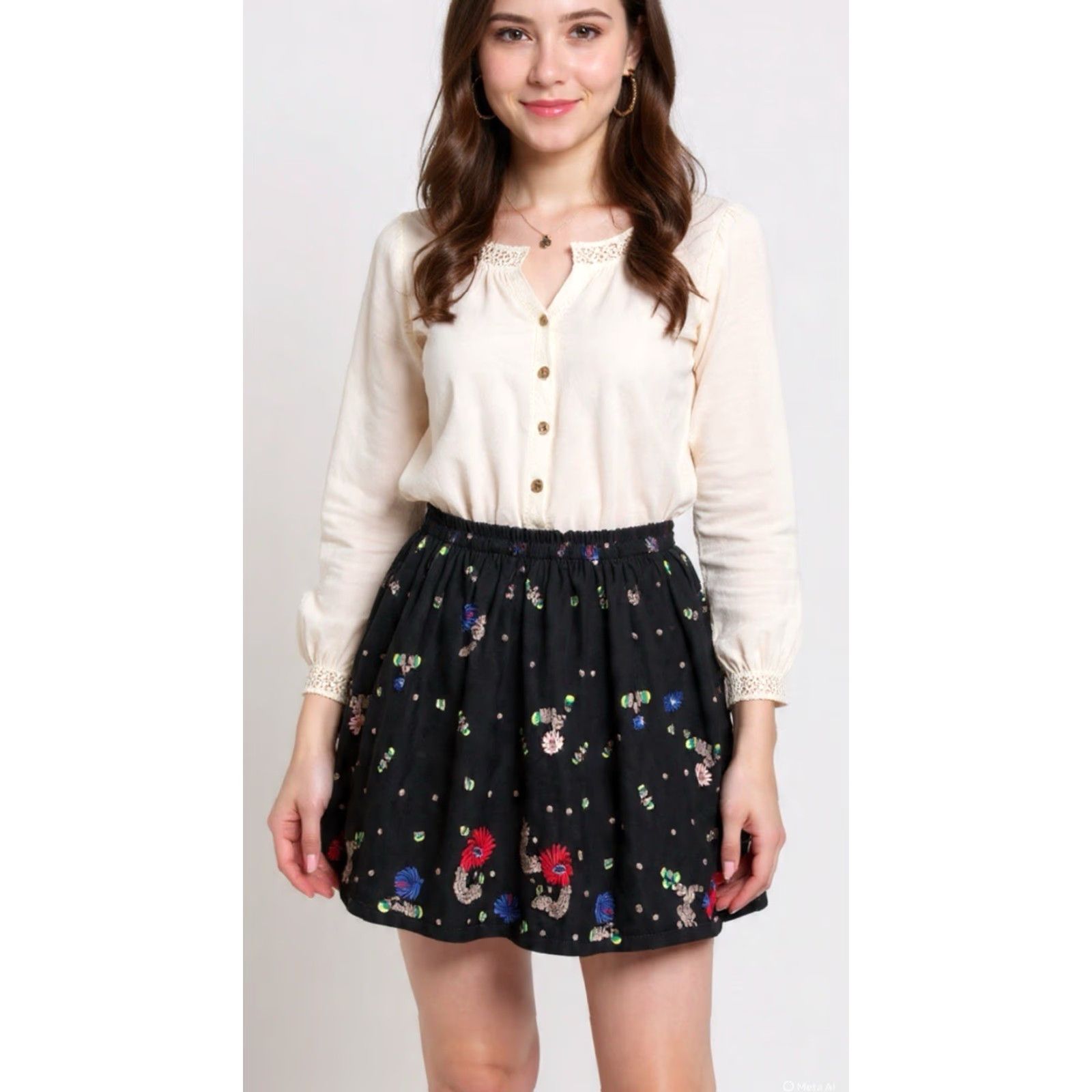 Antik Batik ANTIK BATIK Skirt Teens 14 Black Embroidered Floral Bohemian Skater Mid Rise Cotton Blend Size 36" / US 14 / IT 50 - 2 Thumbnail