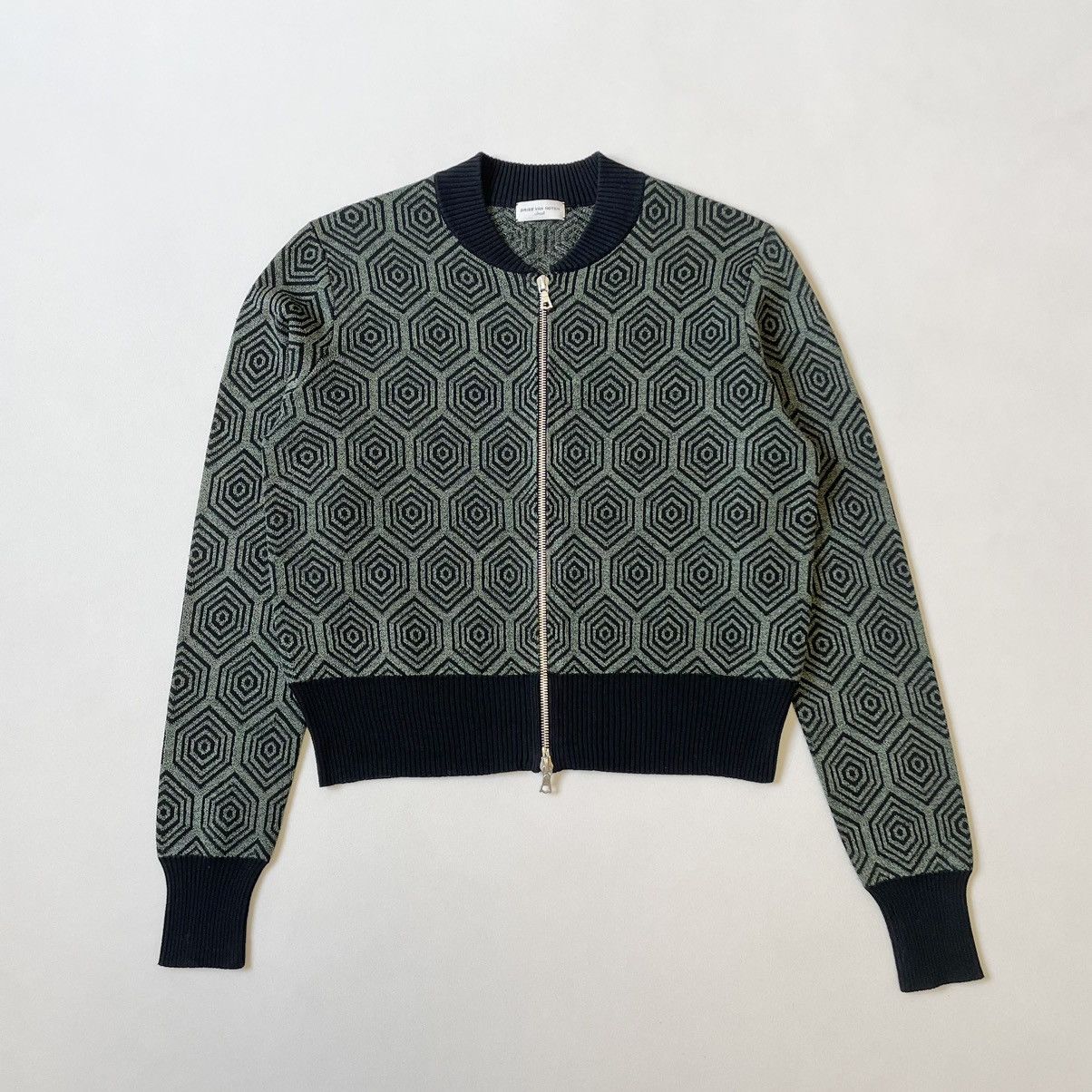 Dries Van Noten Metallic Green Geometric Patterned Zip Cardigan Size S / US 4 / IT 40 - 14 Thumbnail