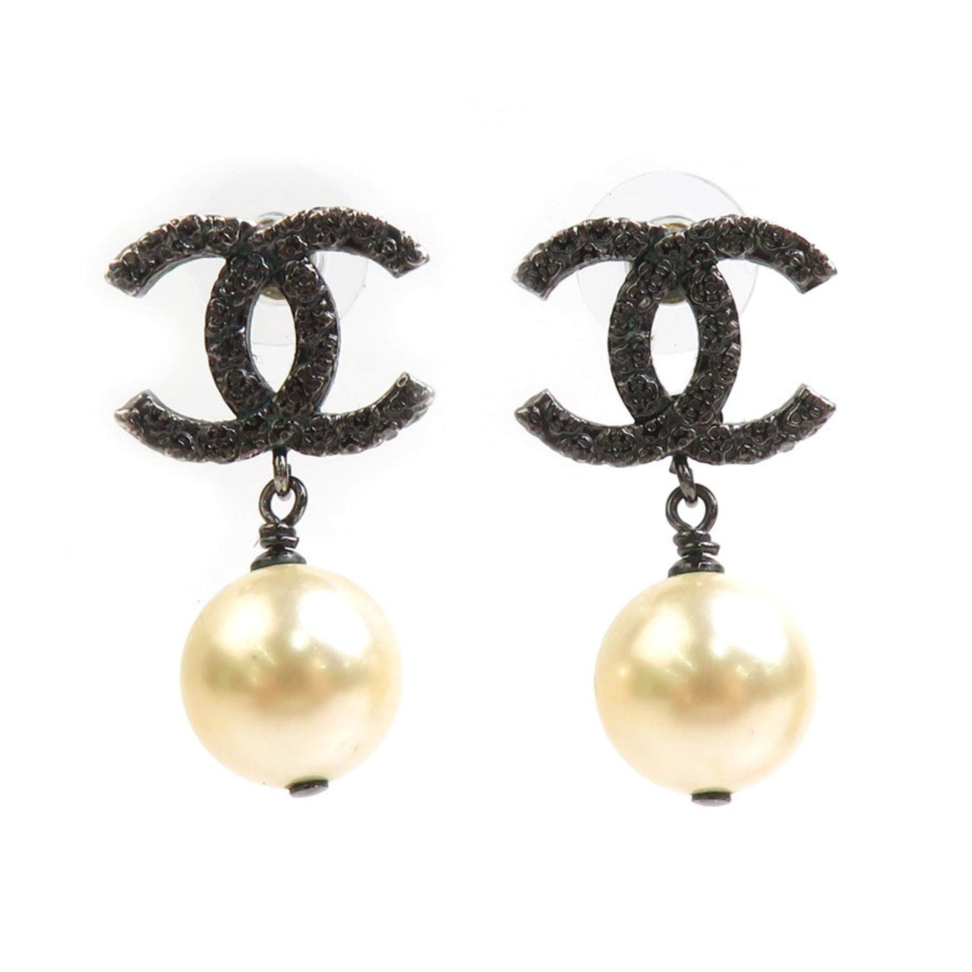 Chanel Chanel earrings, Coco Mark design, metal, faux pearl, gunmetal, off-white, women's, free shipping, e61673a Size ONE SIZE - 1 Thumbnail