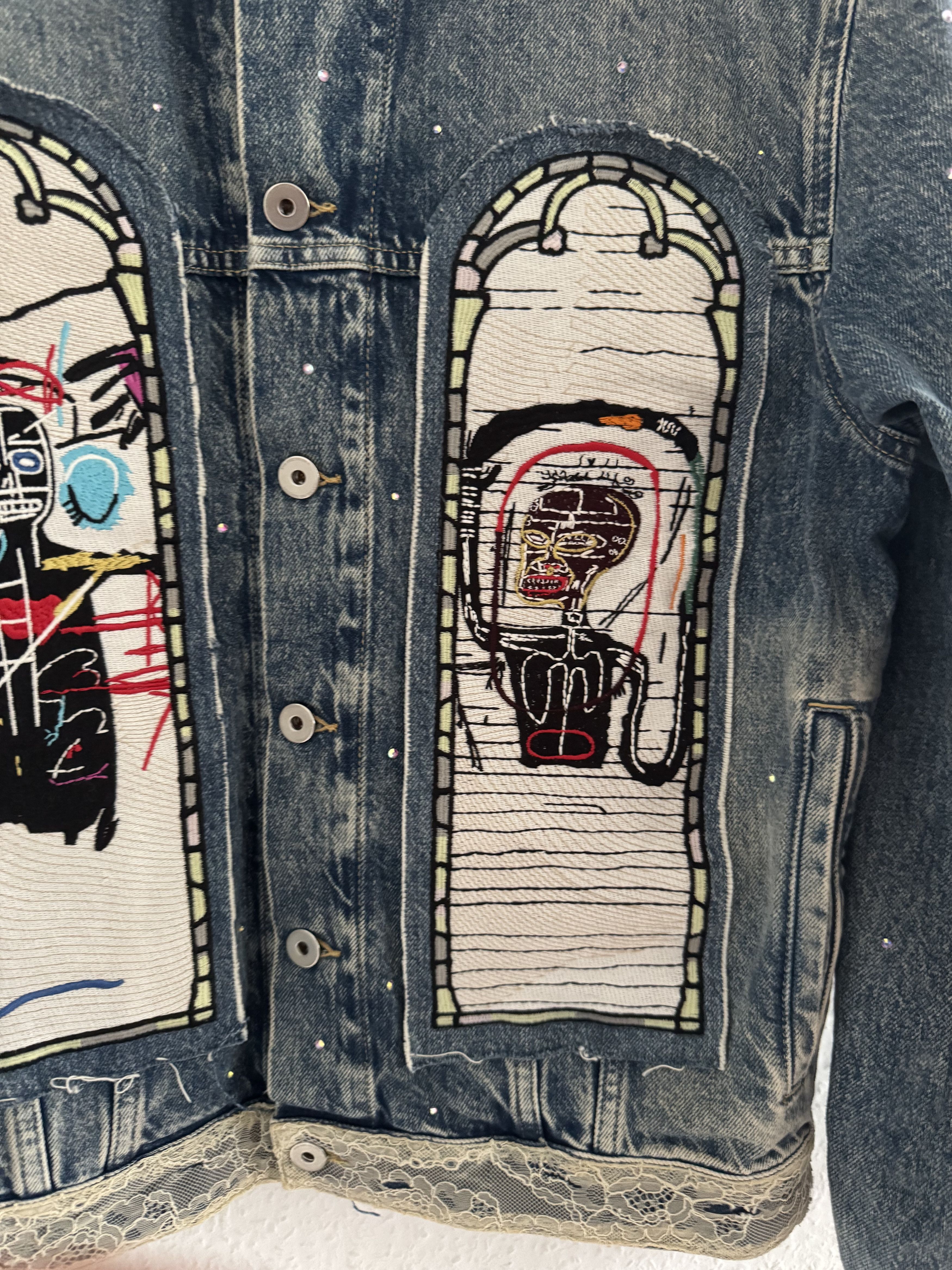 H&M × Jean-Michel Basquiat × Who Decides War Distressed Rhinestone Denim Jacket Size US XS / EU 42 / 0 - 6 Thumbnail