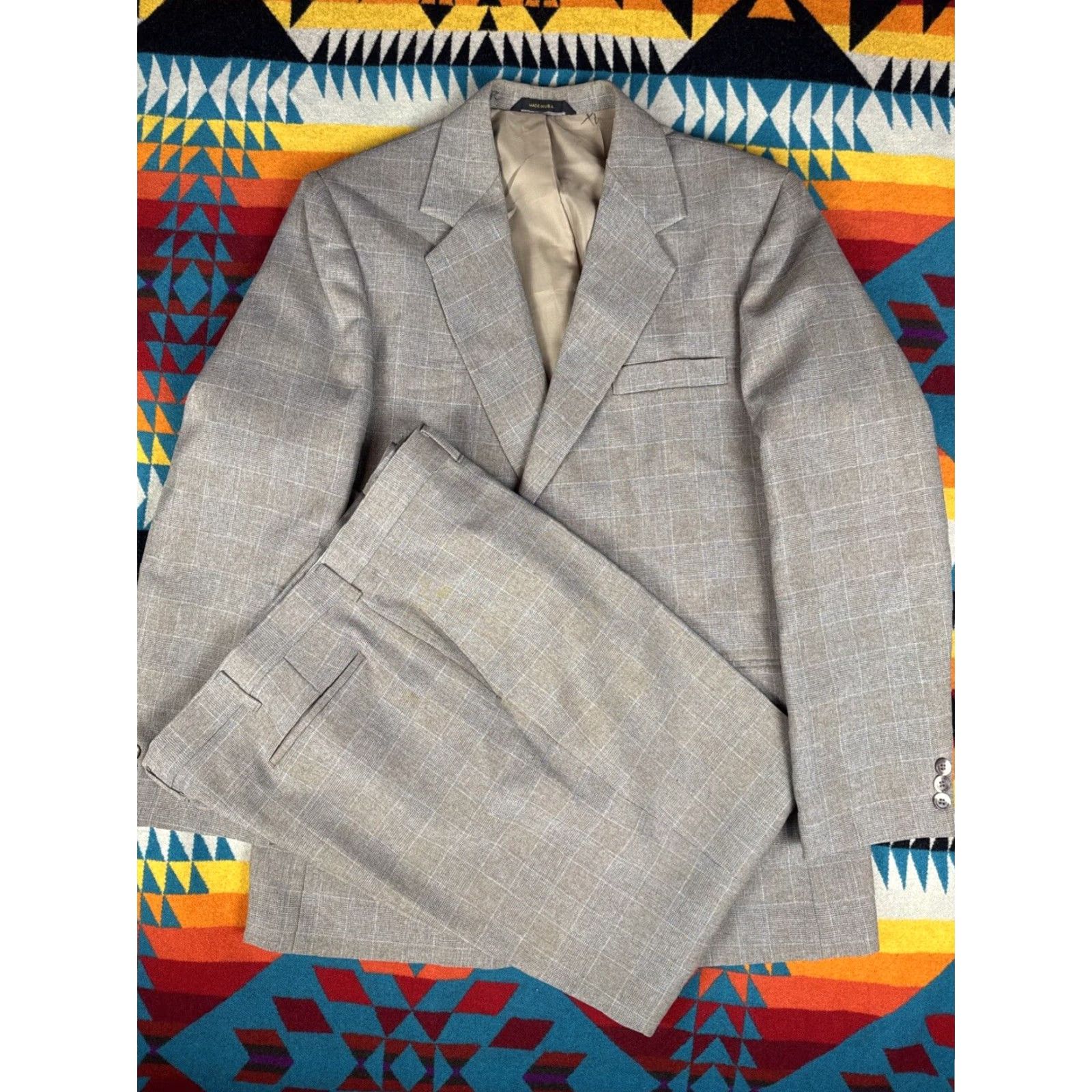 Haggar VINTAGE Haggar Suit Mens 42 2 Piece Blazer Pants 38x30 Brown Checkered Made In USA Gray Wool 90s London Wedding Mens Size 42R - 2 Thumbnail