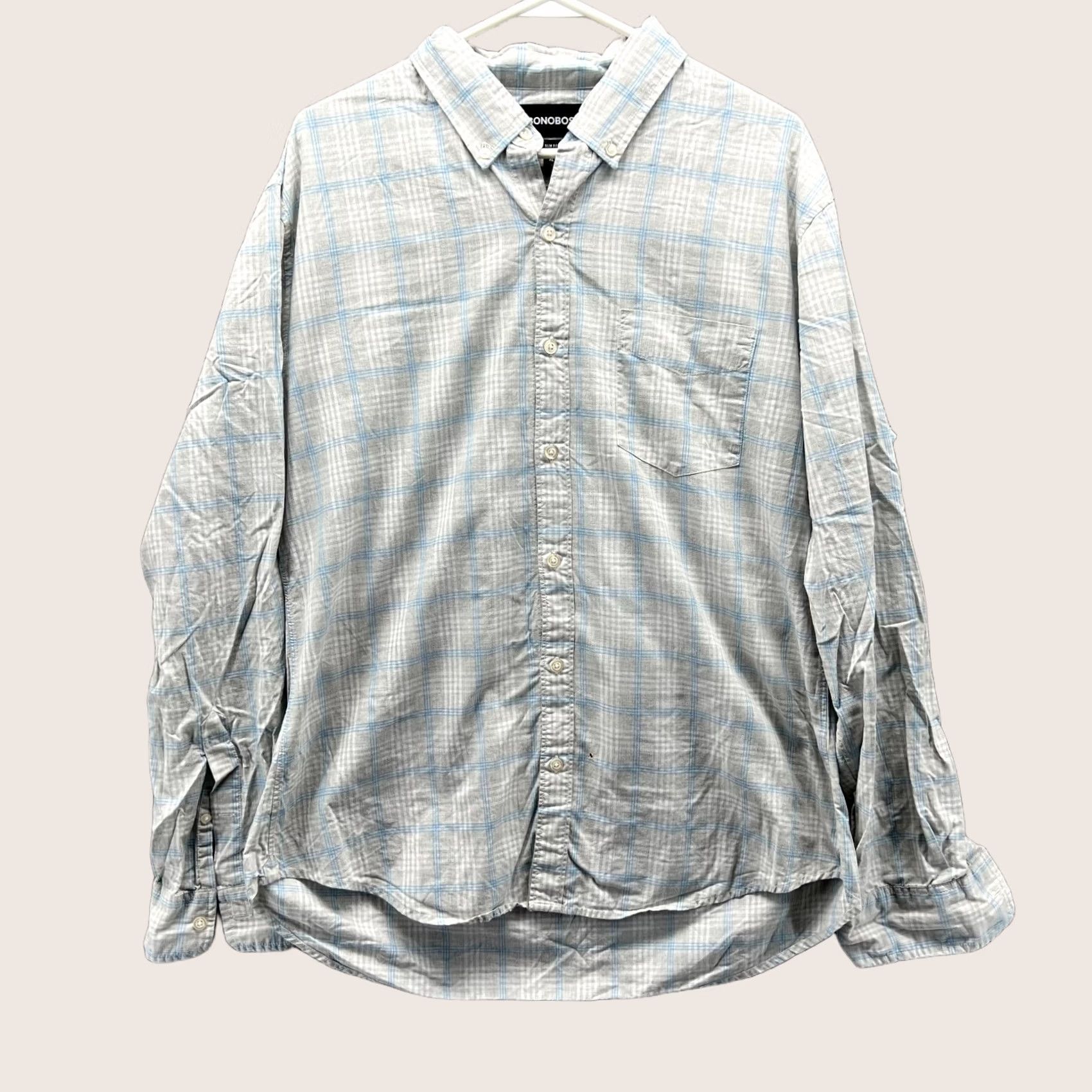 Bonobos Bonobos Shirt Mens XL Gray Blue Button Down Preppy Dress Slim Plaid Oxford Shirt Size 46R - 1 Thumbnail