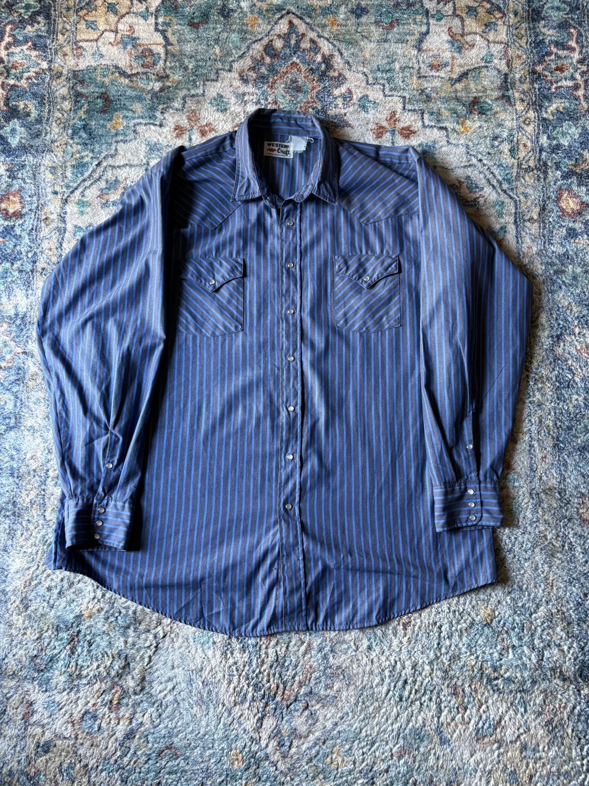 Vintage Vintage Western Craft Blue Pinstriped Pearl Snap Shirt Size US XXL / EU 58 / 5 - 1 Thumbnail