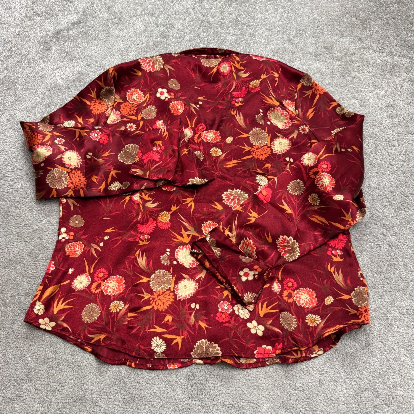 FRED VINTAGE Fred David Blouse Shirt Women XL Burgundy Red Floral Satin Button Down Top 90s Christmas Retro Floral Long Sleeve Ladies Regular Size XL / US 12-14 / IT 48-50 - 2 Thumbnail