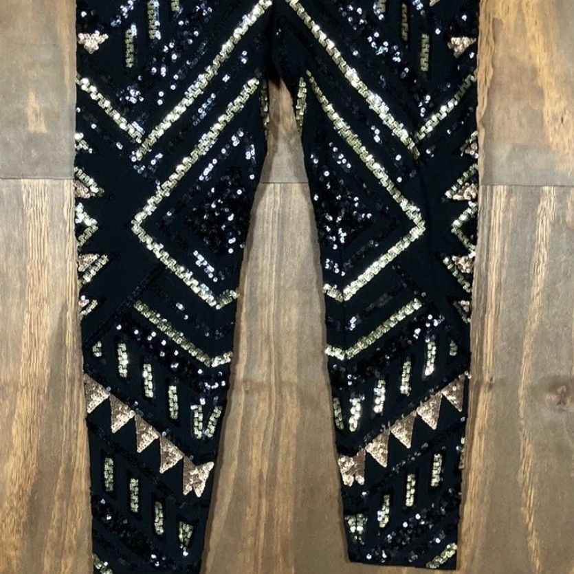Express Express Womens Pants Black Gold Sequin High Rise Pull On Legging Stretch S Small Holiday? (Stop) Size 28" / US 6 / IT 42 - 3 Thumbnail