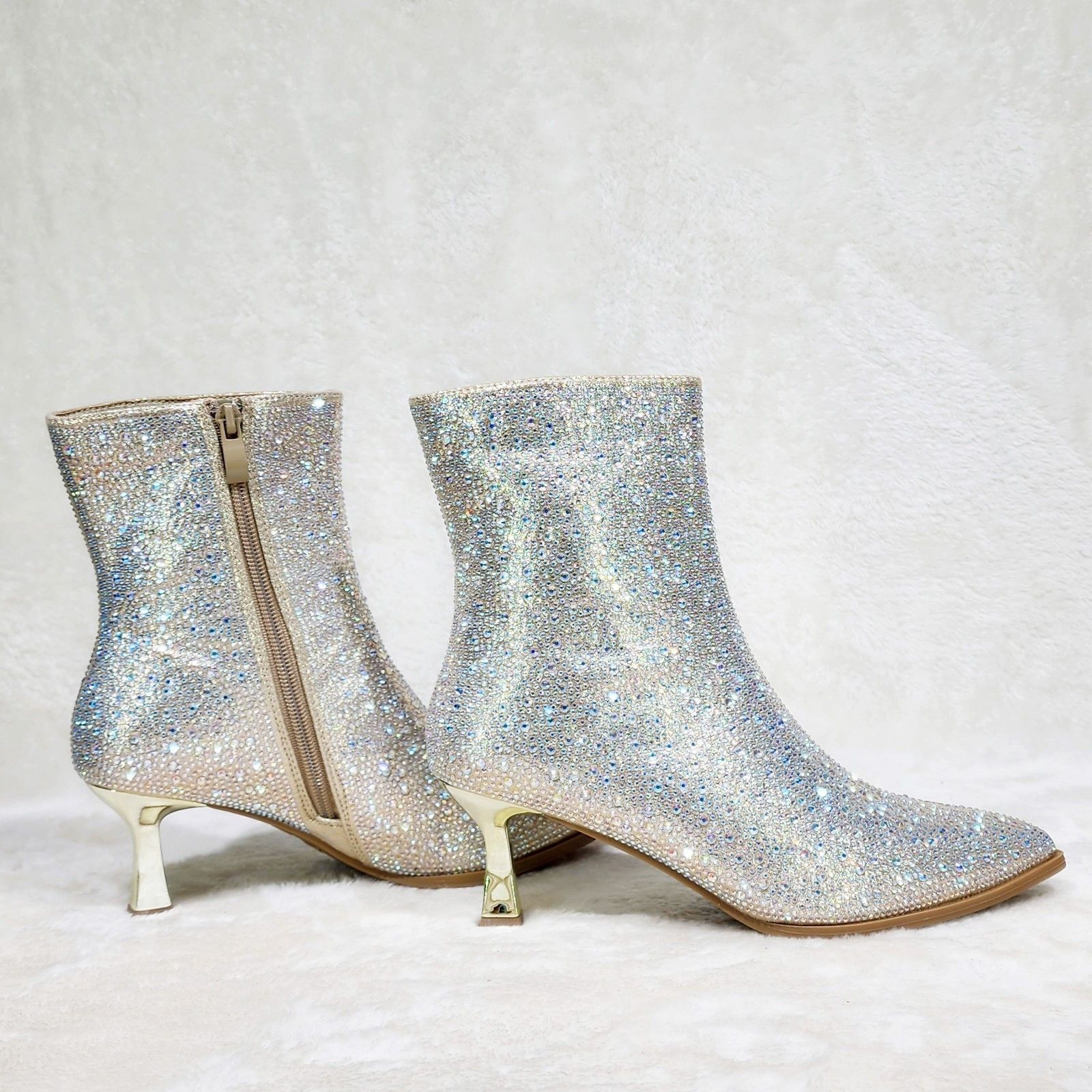 Other Champagne Gold Rhinestone Ankle Boots 2.5" Kitten Heels Size US 6.5 / IT 36.5 - 2 Thumbnail