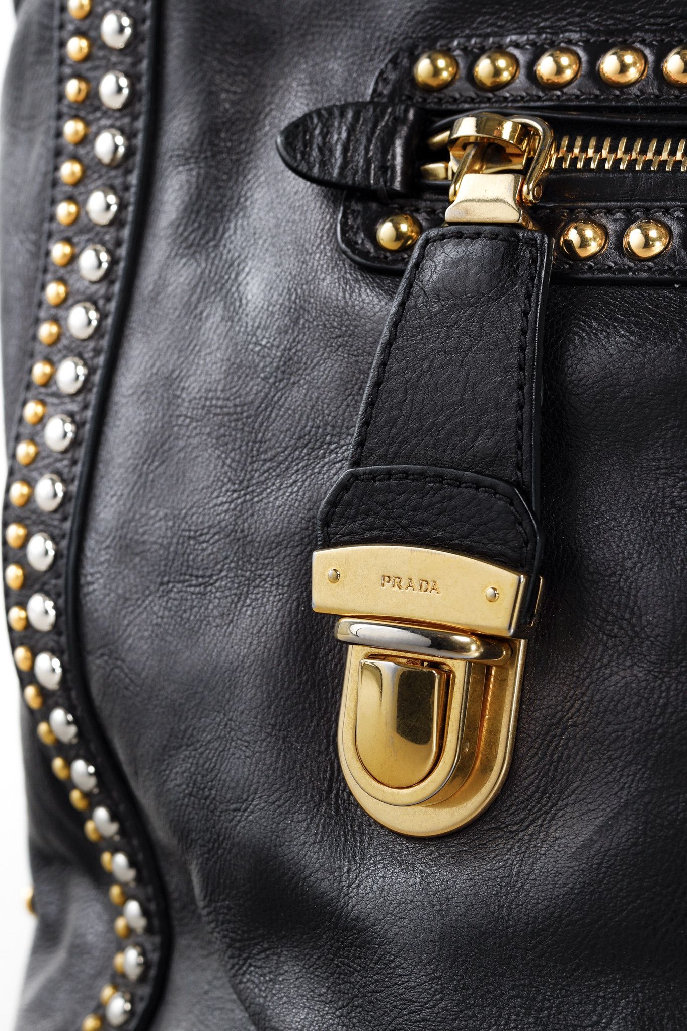 Prada Prada Craquele Nero Glace Calf Leather Studded Shopper Tote Size ONE SIZE - 13 Thumbnail