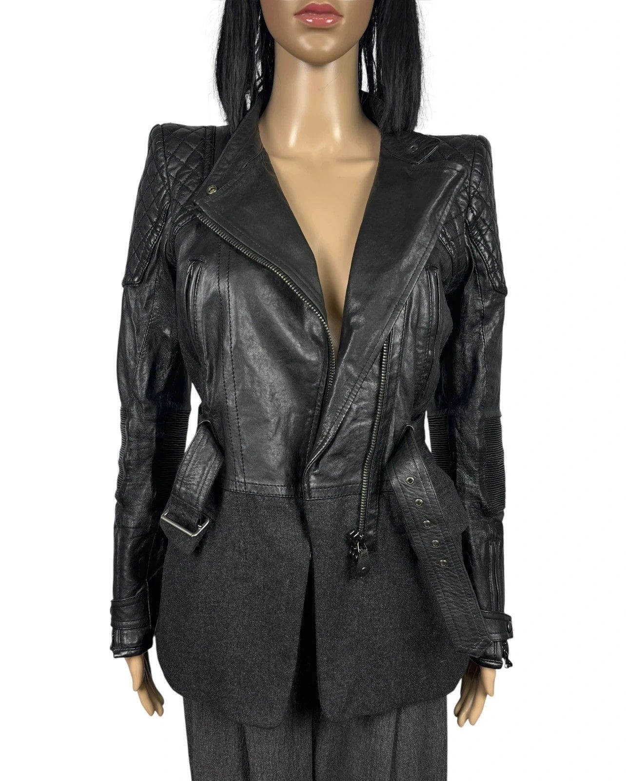 Diesel Black Gold Biker Belted Jacket Leather Wool size 40